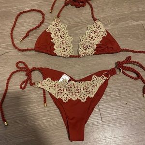 Blue Life Bikini Set with lace detailing in Rust Red